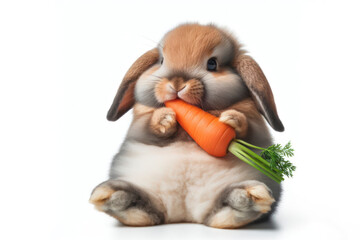 A funny fat bunny eat carrot isolated on solid white background. ai generative