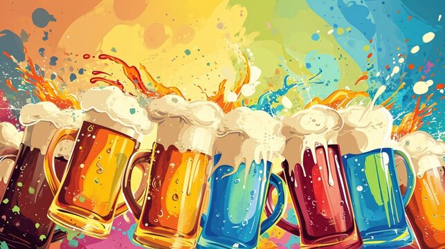 the excitement of a beer festival with a lively cartoon scene featuring multiple beer mugs clinking together, radiating joy and celebration. 