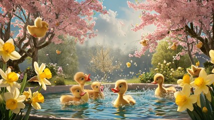 the festive spirit of Easter with an enchanting scene of animated ducklings splashing in a pond, surrounded by blossoming trees and delicate daffodils.