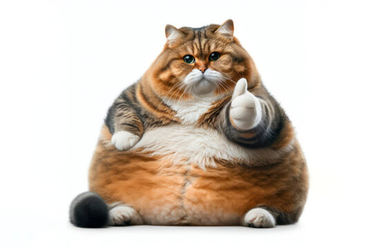 A funny fat cat giving a thumbs up isolated on solid white background. ai generative
