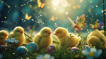 the magic of Easter in an AI-generated image featuring whimsical butterflies guiding animated chicks through a meadow adorned with sparkling Easter eggs.