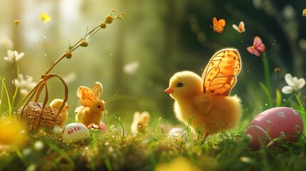 the magic of Easter in an animated world where whimsical butterflies carry tiny Easter baskets, guiding animated chicks through fields adorned with hidden treasures.