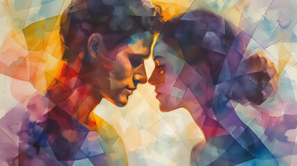 a man with a woman on Valentine's Day in a geometric style
