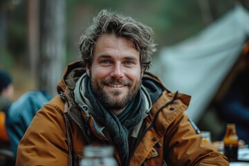Obraz premium A cheerful man with a winter beard and a warm jacket smiles confidently at the camera on a bustling street, radiating a sense of approachable warmth and friendly charm