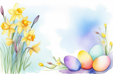 Fototapeta na wymiar Watercolor drawing of a frame made of Easter eggs and flowers.
