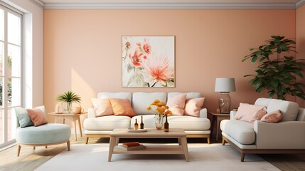 A serene living room with a soft peach-colored couch paired with wooden furniture and splashes of floral patterns in the cushions.