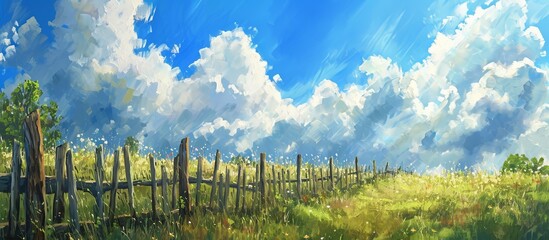 Idyllic Summer Scene: Whimsical Clouds Drift Over an Old Wooden Fence, Creating a Captivating Display of Summer, Clouds, and the Charming Old Fence
