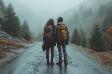 Amidst the wintry fog, a man and woman stand on a desolate road surrounded by towering trees, their breath visible in the crisp air as they contemplate the vastness of nature before them