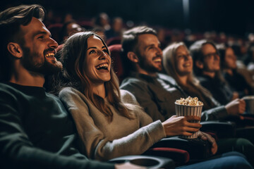 Three friends are sitting in a movie theater and watching a movie - obrazy, fototapety, plakaty