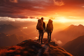 Young couple of travelers with large backpacks are standing on hill. Generated by AI. - obrazy, fototapety, plakaty