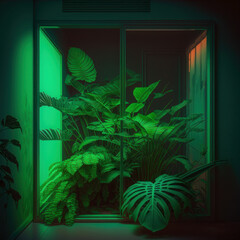 Tropical plants in the interior of a room at home. Huge fresh green leaves in the window. Generated by AI.