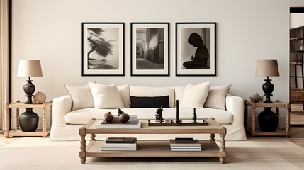 A serene living space with a cream-colored loveseat, a wooden coffee table, and a gallery wall showcasing black and white photography, creating a timeless elegance.
