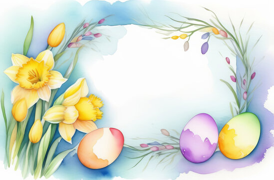 Watercolor drawing of a frame made of Easter eggs and flowers.
