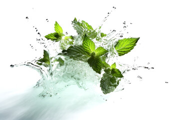 Fresh green cool mint or peppermint leaves in drops and falling splashes of clean water. Isolated on white background. Realistic transparent flow of lemonade soda or cocktail with mint. Generative AI.