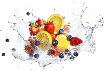 Fresh flying juicy berries and citrus fruits in drops and falling splashes