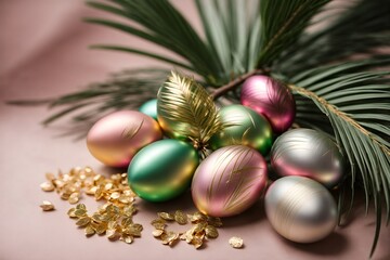 Fototapeta na wymiar In English, it would be: Easter decor of golden and silver eggs with palm branches in various shades on a simple background