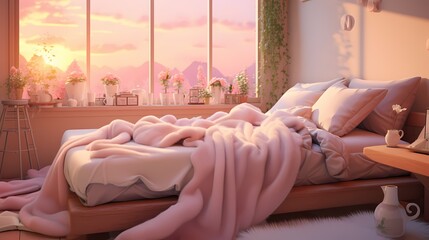 A serene pink-toned bedroom with a plush bed, layers of cozy blankets, and a corner flooded with natural light, perfect for relaxation.