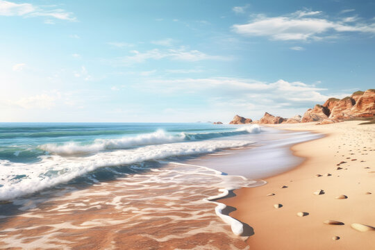 Beautiful seascape in digital watercolor style. Sandy beach with rocks and sea waves