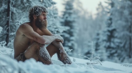 A frozen man sits in only shorts in the middle of a winter forest