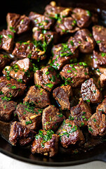 professional, up-close and modern food photography of  steak bites with garlic butter