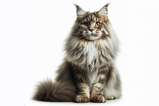 full body photo of a Maine Coon cat isolated on solid white background. ai generative