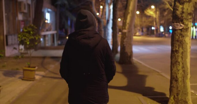 Girl walking alone at night in empty streets