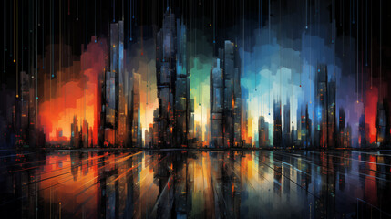 Digital rain falling over a cityscape of abstract and futuristic buildings in a spectrum of colors