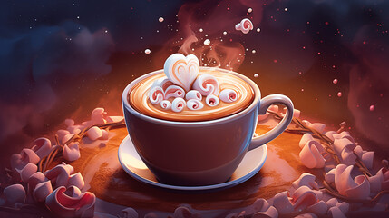 Steaming cup of hot cocoa topped with marshmallows