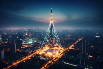 Vibrant Night Cityscape with Advanced Wireless Network Connection Technology and Urban Landscape