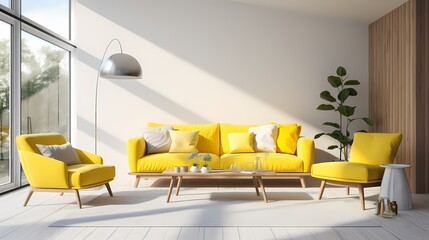 A modern living room featuring a vibrant yellow sofa, a sleek white coffee table, and minimalist wooden accent furniture, basking in the soft glow of natural sunlight.