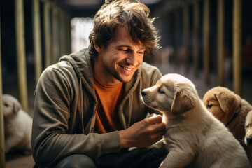 A man volunteers at a local animal shelter, his interactions with the rescue animals showcasing...