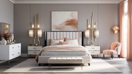A modern bedroom adorned with a sleek, white and gold bed frame against a backdrop of soft, dove-gray walls and accents of pale coral, emanating modern luxury.