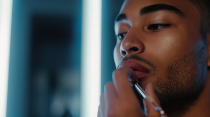 Close up of a man applying male makeup at home in the mirror. AI generated