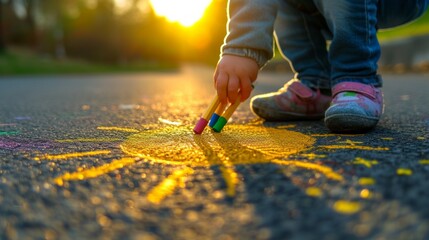 A child draws the sun with crayons on the asphalt. Spring sunny day