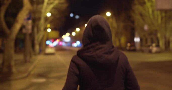 Girl walking alone at night in empty streets