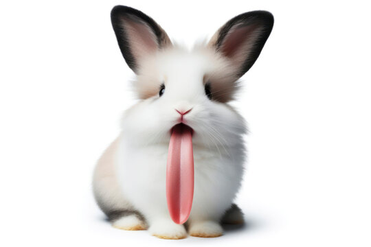 funny bunny shows long tongue isolated on solid white background. ai generative