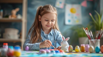 A girl paints the Easter bunny with watercolor paints