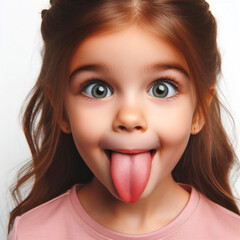 funny little kid girl shows long tongue isolated on solid white background. ai generative
