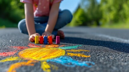 Obraz premium A child draws the sun with crayons on the asphalt. Spring sunny day