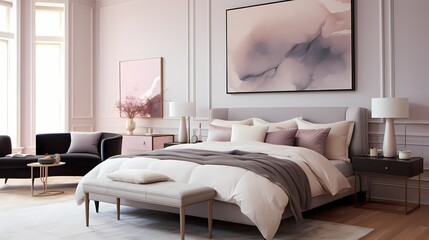 A serene bedroom boasting a minimalist, dove-gray bedspread against a backdrop of soft, blush-pink walls and accents of rich plum, emanating understated elegance.