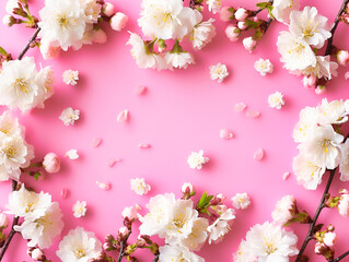 Spring Blossom in Nature: Pink Sakura and Cherry Flowers Blooming, Floral Frame Design with White Petals