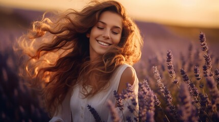 Pretty young woman in the blooming lavender field. Beautiful lady at sunset. AI Generated 