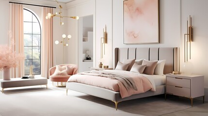 A modern bedroom adorned with a sleek, white and gold bed frame against a backdrop of soft, dove-gray walls and accents of pale coral, emanating modern luxury.