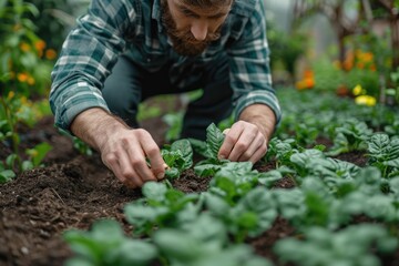 A farmer in traditional clothing carefully tends to a vibrant herb garden, delicately planting a variety of green vegetables and flowers in the rich, fertile ground - obrazy, fototapety, plakaty