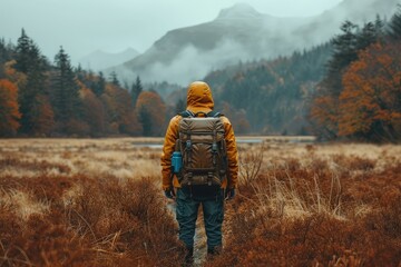 A lone hiker stands among the autumn foliage, their backpack heavy with memories and their jacket a shield against the biting wind, as they embrace the wild beauty of the misty mountain landscape - obrazy, fototapety, plakaty