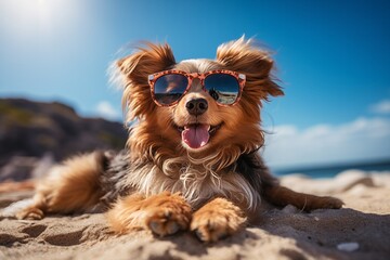 dog on the beach Cute puppy in sunglasses looking outdoors playful