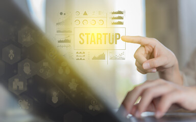 Startup concept with icon business, businesswoman and his business plan, businesswoman hand working with computer, copy space