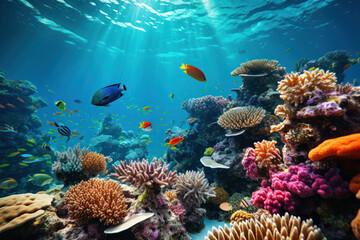 An underwater coral reef scene with tropical fish, creating a colorful and dynamic background for text associated with marine life and conservation. Generative Ai.