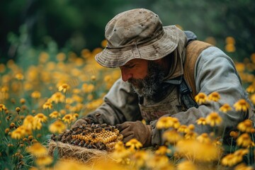 A stylish man in a yellow hat and gloves stands confidently outdoors, holding a basket of buzzing bees amidst a sea of blooming flowers