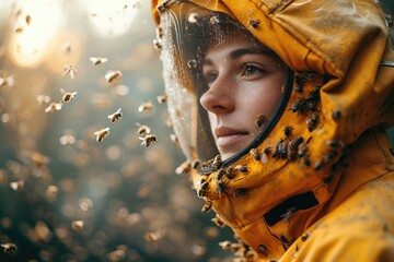 A woman adorned in a vibrant bee suit and mask gazes confidently at the camera, embodying the fierce and industrious spirit of the buzzing hive - obrazy, fototapety, plakaty